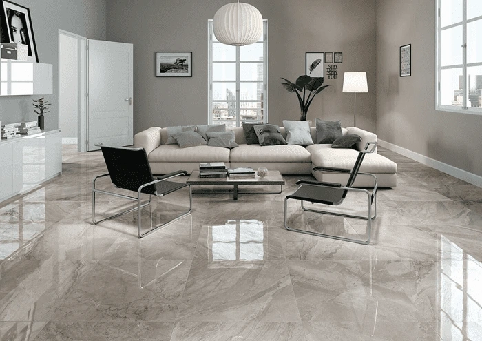 Polished gray marble-look tile floor in a Tahoe Park kitchen and living area