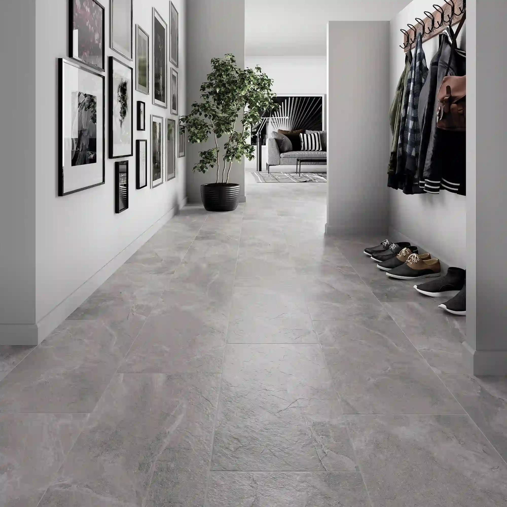 Gray stone-look porcelain tile floor in a modern hallway вЂ” Tile Installer Tahoe Park work