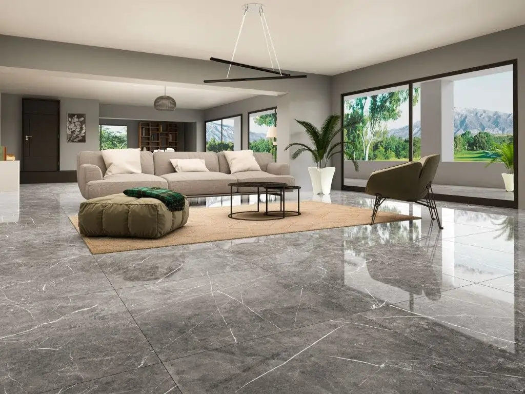 Polished gray marble-look large-format tile covering a modern open-plan living room floor