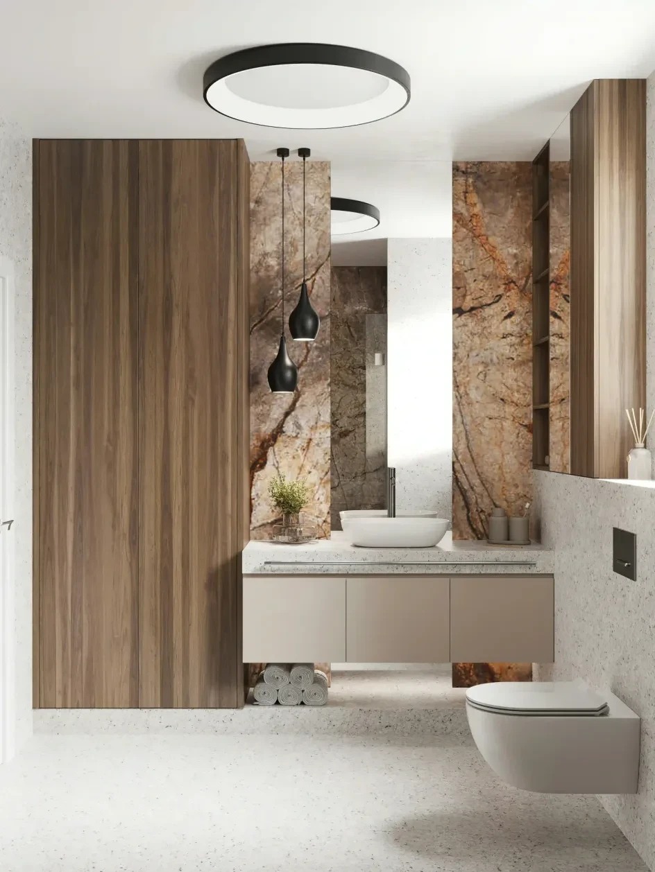 Luxury bathroom with terrazzo floor and marble accent wall tile in East Sacramento home