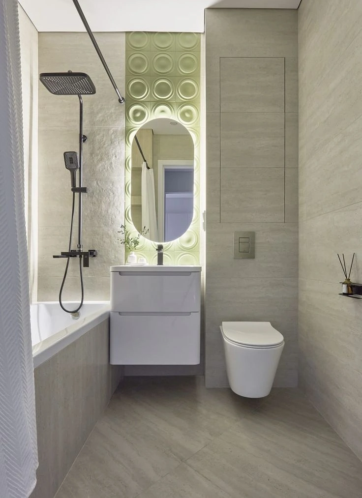Contemporary bathroom with gray stone-look wall tile and green decorative accent tiles