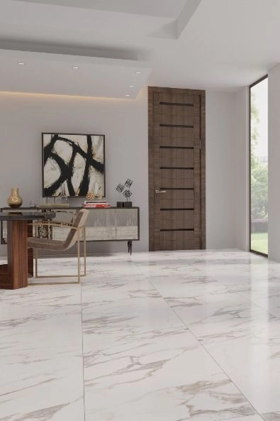 Large-format white Calacatta porcelain floor tile installed in a Tahoe Park home office entry